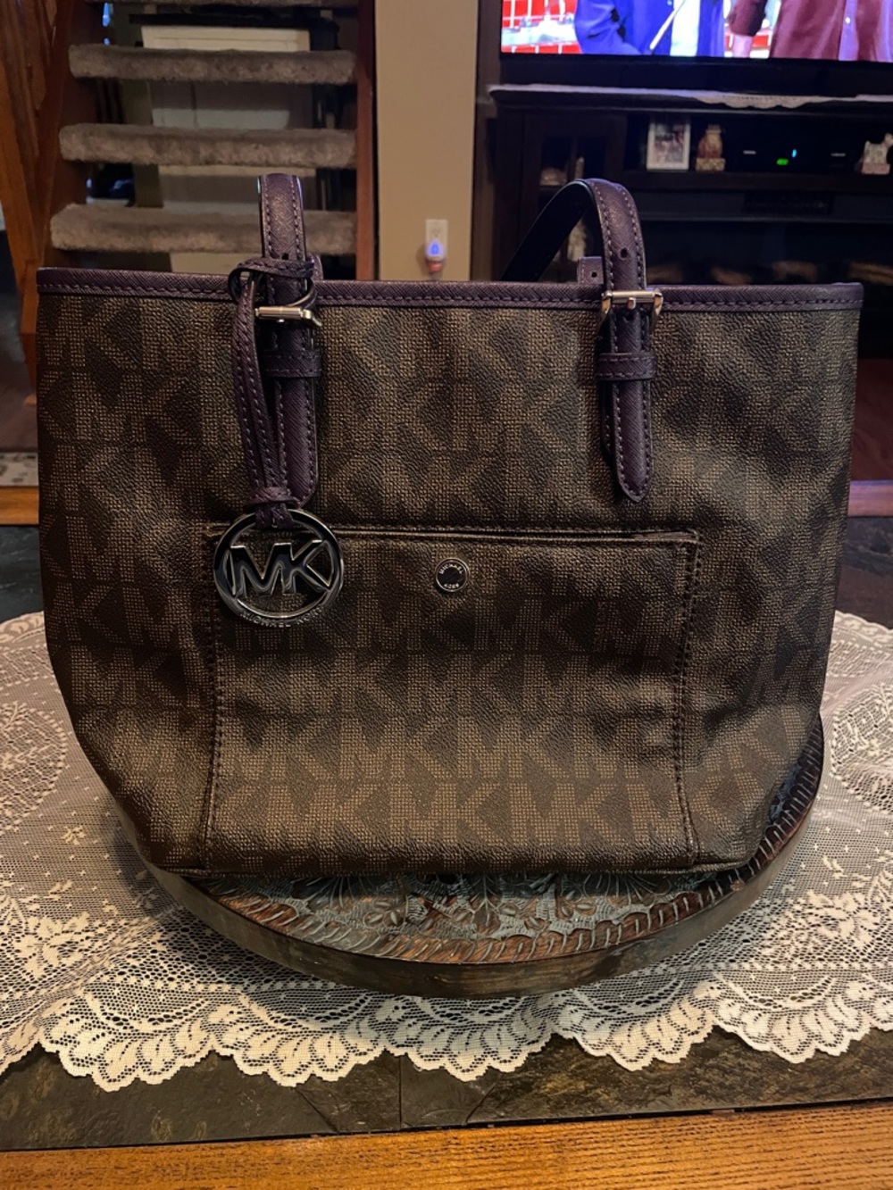 Michael Kors Brown MK Signature Tote with Purple Trim